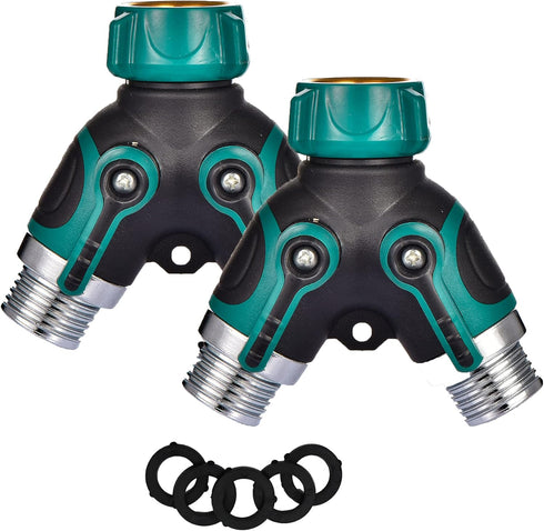 2 Way Hose Splitter Y Connector with Comfortable Rubber Grip and 360 °Rotatable Top Quick Connect Garden Hose Tee Equipment Valve Shut Off (Dark G...