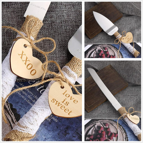 Wedding Cake Knife and Server Set Rustic Style Stainless Steel Cake Cutter Set with Twine Lace and Wood Tag Gifts for Bride and Groom Wedding Anni...