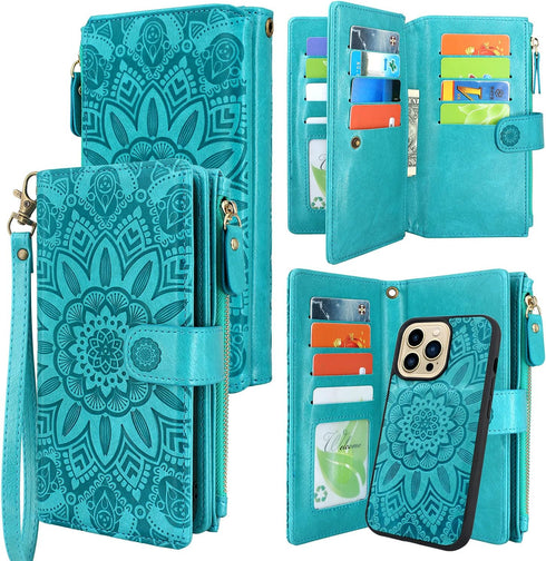 Harryshell Compatible with iPhone 13 Pro 5G 2021 Wallet Case Detachable Magnetic Cover Zipper Cash Pocket Multi Card Slots Holder Wrist Strap Lany...