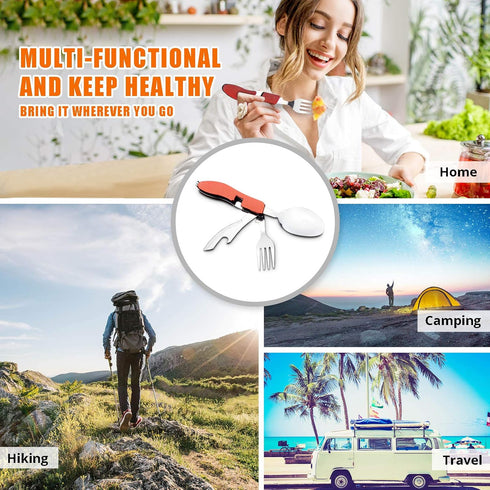 Camping Eating Utensils HIKENTURE 4-In-1 Stainless Steel Spoon Fork Knife Bottle Opener Set,Foldable Backpacking Cutlery for Traveling, Hiking, Bo...