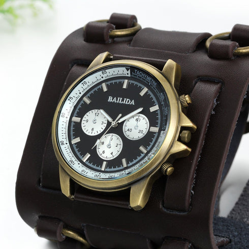 JewelryWe Black Brown Hip-hop Gothic Punk Style Men Watch Wide Leather Fashion Cuff Wristwatch for Valentine’s Day...