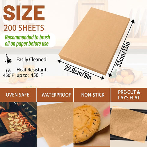 200 Pcs Parchment Paper Baking Sheets, 9"x13" Precut Non-Stick Baking Parchment Paper Sheets Bun Sheet Pan Liners.Baking Grilling Air Fryer Steami...