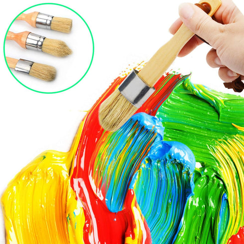 Professional Chalk and Wax Paint Brush Set, 3pcs Small Round Reusable Natural Bristle Brushes for Folk Art Home Decor DIY Painting Stencils, Compa...