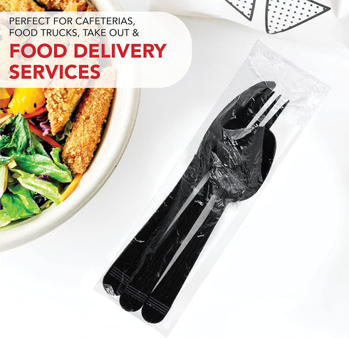 Party Essentials Individually Wrapped Black Plastic Cutlery Packets/Heavy Duty Silverware Kits, Fork/Spoon/Knife, 50 Sets...