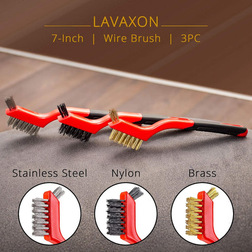 Wire Brush Set 3Pcs - Nylon/Brass/Stainless Steel Bristles with Curved Handle Grip for Rust, Dirt & Paint Scrubbing with Deep Cleaning – 7 Inches ...