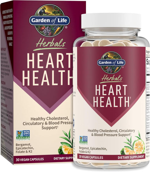 Garden of Life Herbals Heart Health Supplement with Folate, Bergamot, Green Tea & Vitamin E & K for Cholesterol, Circulatory & Blood Pressure Supp...