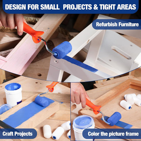 WORKPRO Small Paint Roller 2.5 inch 12-Pack, Mini Foam Paint Roller Covers for Small Touch-Up, Art Crafts, Furniture, Cabinets, High-Density Spong...