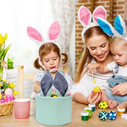 Easter Bunny Basket Seersucker Egg Bags for Kids,Personalized Candy Egg Basket Rabbit Print Buckets with Fluffy Tail Gifts Bags for Easter?Seersuc...