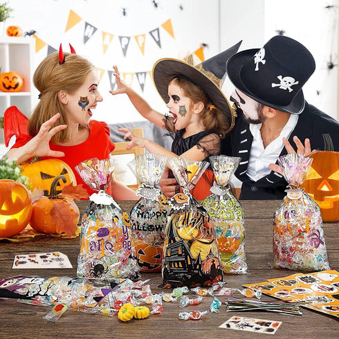 HalloweenCandy Bags Treats Bags, 200 PCSHalloween Cellophane Bags for Kids Treat or Trick Party Supplies, 8 Styles HalloweenGoodies Bags Gift Bags...