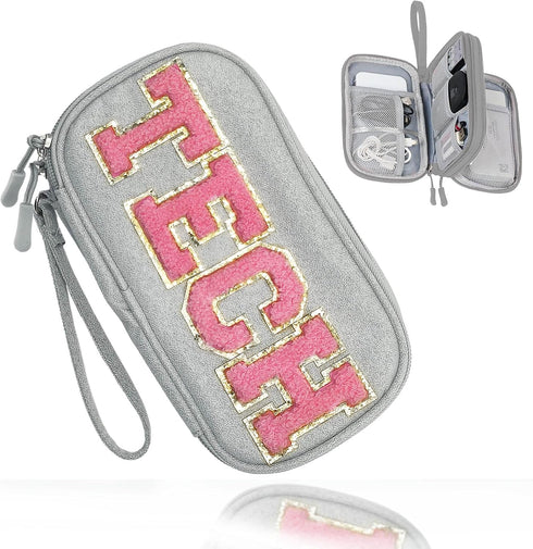 Electronics Accessories Organizer Bag with Chenille Letter Patch TECH for Women Travel Gifts, Traveling Essentials Compact Case Waterproof Must Ha...