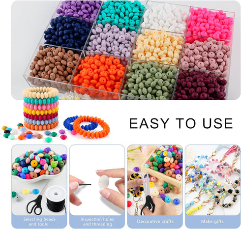 300Pcs 12mm Silicone Lentil Beads, Silicone Spacer Beads for Necklace Bracelet Keychain Pens Craft(White)...