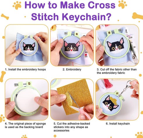 Caydo 5 PCS Cross Stitch Kits for Kids with Cats and Dogs Patterns Stamped Cross Stitch Kits for Beginners DIY Key Chain, Backpack Charms, Craft O...
