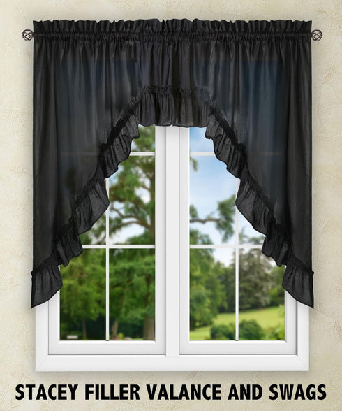 Ellis Curtain Stacey Sheer Tailored Tier Pair Curtains, 56" x 30", Black...