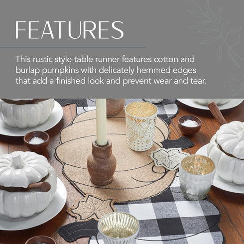 Elrene Home Fashions Burlap and Check Pumpkin Centerpiece Table Runner, 13" x 36", Black and White...