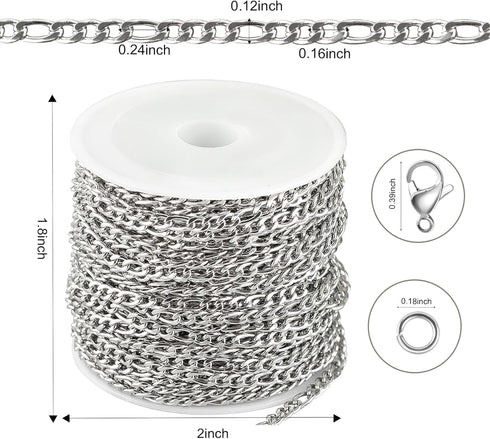 Kyutong 32.8 Feet Silver Jewelry Making Chain Roll Necklace Chain Bulk Stainless Steel Figaro Chains Link with Jewelry Making Supplies for Necklac...
