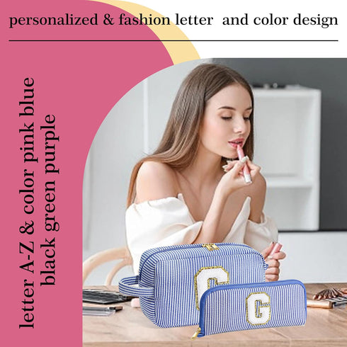 Makeup Bag for Women - Monogram Cute Initial Blue Makeup Bag Cosmetic Toiletry Pouch Make Up Case for Women Her Best Friend Friendship Sister Teac...