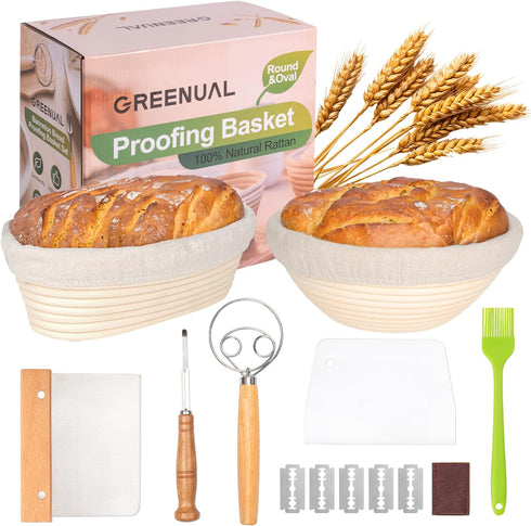 Banneton Bread Proofing Basket Set of 2 with Sourdough Bread Baking Supplies, 9" Round & 10" Oval, Bread Lame + Linen Liner + Dough Scraper + Bast...