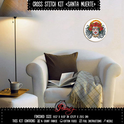 Santa Muerte' Counted Cross Stitch Kit for Adults - DIY Needlework Set with Design Pattern - Halloween, Day of The Dead, Día de los Muertos Embro...