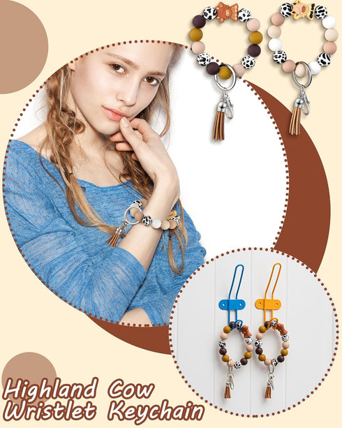 4 Pcs Highland Cow Wristlet Keychain Highland Cow Gifts for Women Girls Cute Silicone Cow Print Bead Bracelet Keychains...