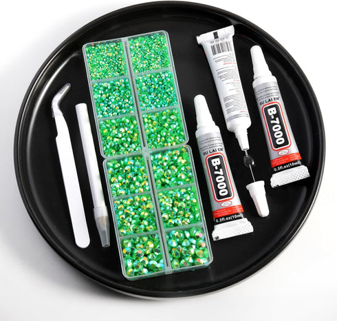 Resin Rhinestones Kit for Crafts,8400 pcs Green AB Jelly Flatback Rhinestones Mixed 5 Sizes 2mm-6mm with B7000 Glue Tweezers and Wax Pencil for Fa...