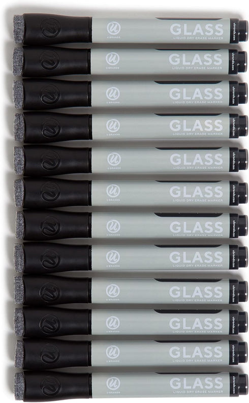 U Brands Liquid Glass Board Dry Erase Markers With Erasers, Set of 12, Black, Low-Odor, Bullet (3 mm) Point...