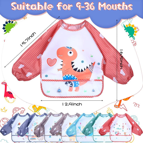 Zhanmai 8 Pack Baby Waterproof Sleeved Bib Infant Art Smock Apron Baby Bibs for Eating Long Sleeve Bibs for Babies Animal Pattern Toddler Bib with...