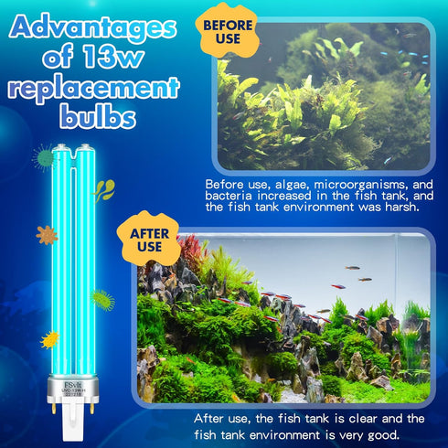 2 Pcs G23 Base 13 Watt UV Light Bulb Compatible with Jebao Pond Sunsun 2 Pin Base UV Light for Aquarium Compatible with Sunsun JUP 23 Grech Aquari...