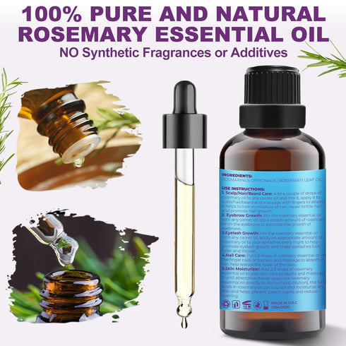 Organic Rosemary Oil for Hair Growth,100% Pure Undiluted Light-Weight Non-Greasy Rosemary Essential Oil for Hair,Scalp & Skin Care,Natural Hair Gr...