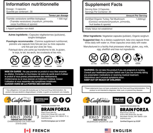 Brain Forza Organic Turkey Tail Mushroom Capsules, Mushroom Powdered Immune Support, Liver and Digest Health Support, Organic Defense Support, Non...