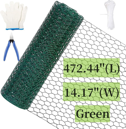 472.4"(39.4ft) x14.2 Chicken Wire Mesh, Anti-Rust Garden Fence Hexagonal Galvanized Poultry Hardware Cloth Fencing, PVC Coated Metal Netting Roll ...