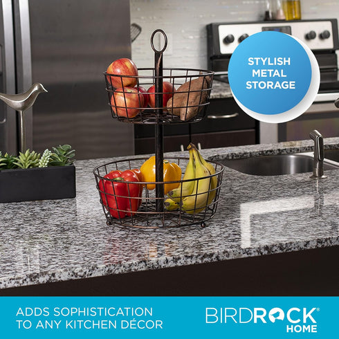 BIRDROCK HOME 2 Tier Wire Fruit Basket | Round Metal Standing Baskets | Fruit Vegetable Garlic Caddy | Freestanding Rustic Decorative Basket...
