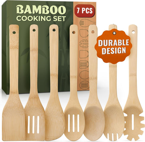 Bamboo Wooden Spoons for Cooking – 7 PCs Wooden Cooking Utensils for Nonstick Cookware – Wooden Utensil Set – Easy to Clean, Sturdy, Lightweight &...