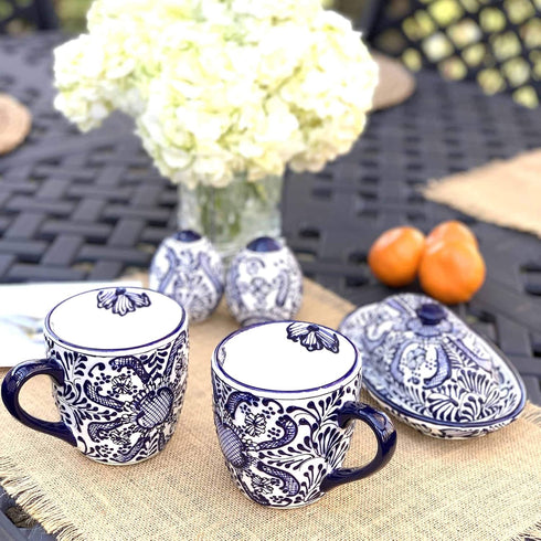 Encantada Handmade Hand-Painted Authentic Mexican Pottery, Salt and Pepper Shaker Set, Blue Flower (MC085F-K2)...