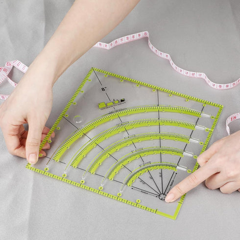 8 Inch Acrylic Fabric Ruler, Dual Purpose Measuring Arc Guide Cutting Square Ruler, Multifunctional Arcs Stripology Ruler for Quilting, Sewing, Cr...