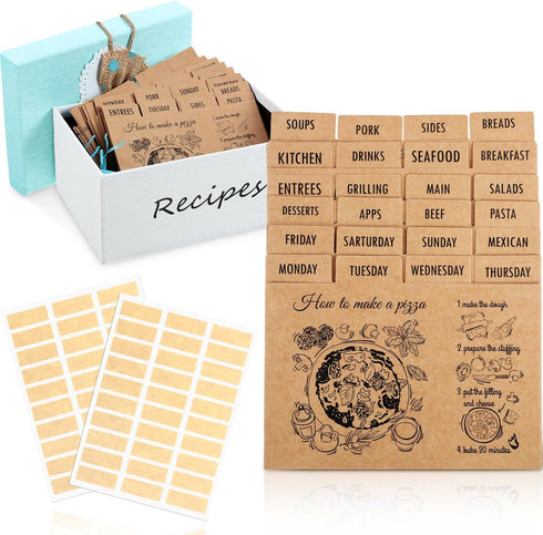Outus 36 Pieces Recipe Card Dividers Tabs Include 24 Labelled and 12 Blank Tabs 60 Adhesive Labels Fit 4 x 6 Inch Cards for Recipe Box Organize (C...