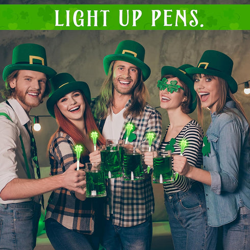 20 Set St Patrick's Day Pens Bulk Shamrock LED Light up Pens Four Leaf Flashing Green Black Ink Clover Rollerball Ballpoint Pen with Card for Scho...