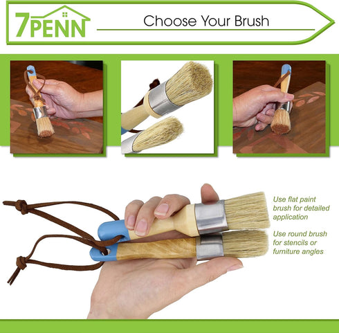 7Penn Chalk and Wax Paint Brush - 2pc Flat and Round Paint Brushes 1in Craft Paint Brushes for Furniture or Home Decor...