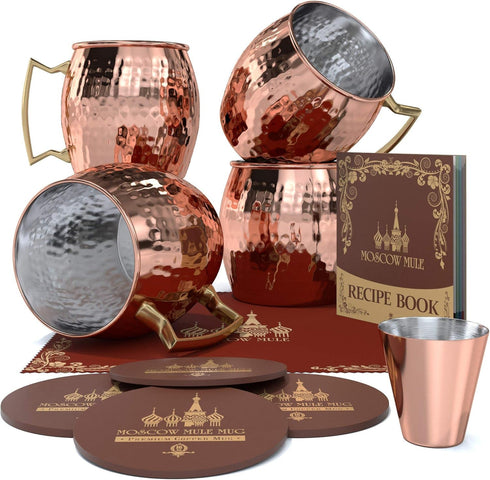 Hammered Moscow Mule Copper Mug Set of 4| Stainless Steel Lining | 16 oz...