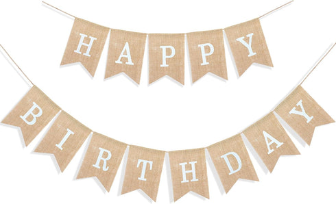 Uniwish Happy Birthday Burlap Banner Neutral Happy Birthday Party Decorations Boho Rustic Bunting Sign Swallowtail Flags, 2 in 1...