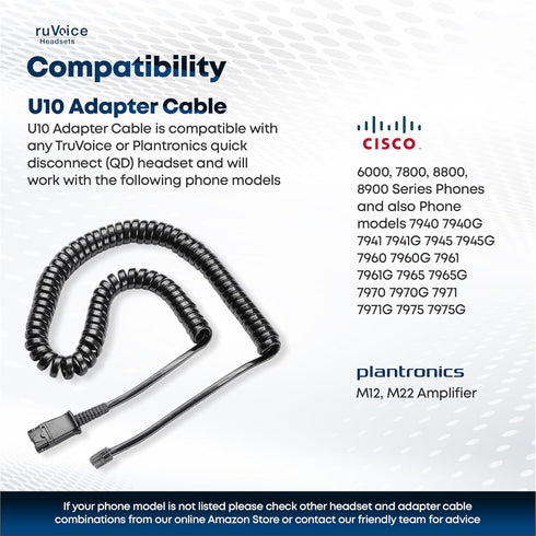 TruVoice U10 Adapter or Plantronics Quick Disconnect (QD) Headset - Compatible with all Cisco 6000, 7800, 8800 and 8900 Series and 7931 7940 7941 ...