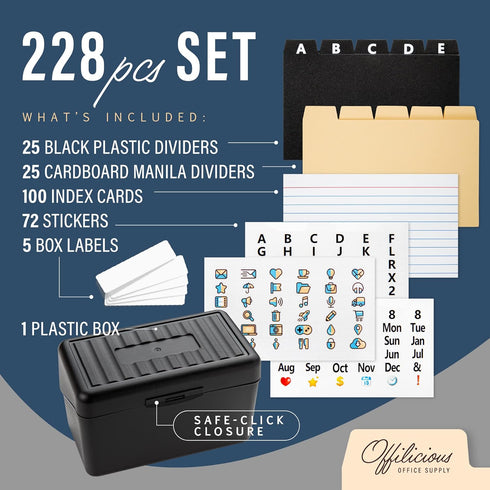 Index Card Holder 3x5 Set – Heavy-Duty Index Card Recipe Box with Dividers – 100 Ruled Index Cards 3x5, 25 Manila Dividers, 25 Plastic Dividers, 7...