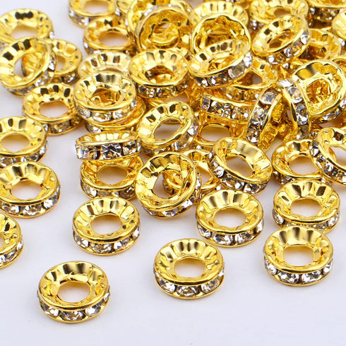 BronaGrand 100pcs 10 mm Golden Plated Rhinestone Spacer Beads Large Hole European Rondelle Beads Round Shiny Crystal Loose Beads for DIY Bracelet ...