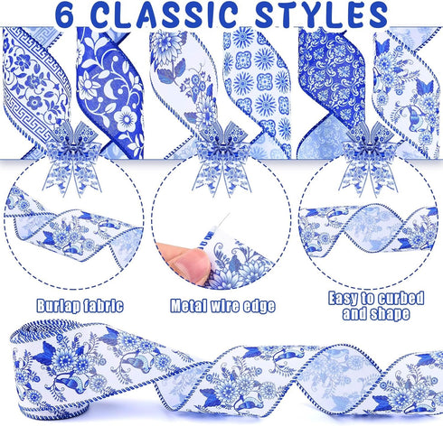 30 Yards Christmas White and Blue Wired Edge Ribbon Chinoiserie Ribbon Floral Bird Ribbon Fabric Ribbons for Crafts Wedding Wreath Bow Wrapping 2....