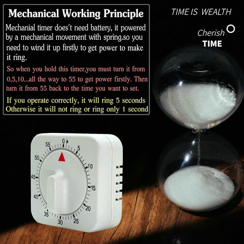 Square 60 Minute Mechanical Kitchen Timer - Visual Kitchen Cooking Timer Clock with Loud Alarm - No Batteries Required-Manual Countdown Timer for ...