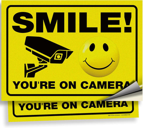 iSYFIX Smile You're on Camera Reflective Stickers for Business - 2 Pack 14x10 Inch - Self-Adhesive Vinyl Decal, Laminated for UV Protection, Fade ...