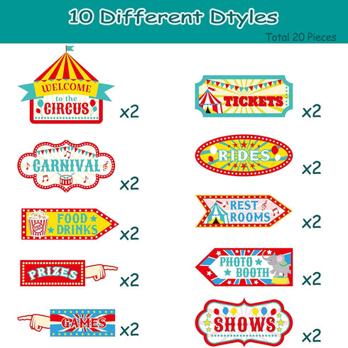 20 Pieces Circus Carnival Party Direction Signs Decor Circus Welcome Signs for Birthday Showman Themes Party Decoration Accessories...