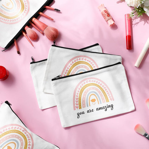 Chunful 10 Pieces Inspirational Canvas Makeup Bags for Women Bulk Rainbow Canvas Makeup Bags Moon and Stars Cosmetic Bag with Zipper Friendship Gi...