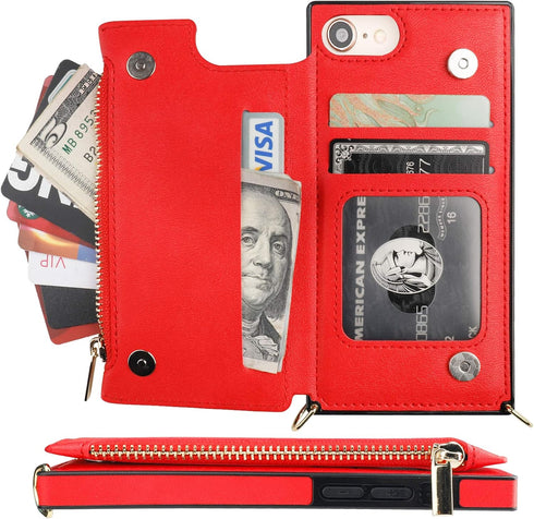 Bocasal Crossbody Wallet Case for iPhone SE 2022/SE 2020/7/8 with Card Holder,Zipper Card Slot Protector Shockproof Purse Cover with Removable Cro...