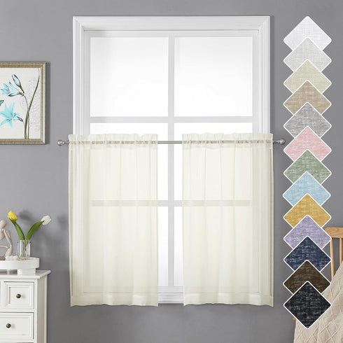 Doris 36 Inch Sheer Curtains Set of 2 Pieces, Faux Linen Natural Window Small Curtain Tiers for Kitchen Bedroom, Airy & Breathable Dual Rod Pocket...