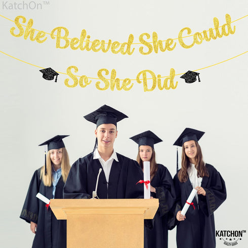 KatchOn, She Believed She Could So She Did Banner - Glitter 10 Feet, No DIY | Gold and Black You Did It Banner, Graduation Decorations 2025 | Medi...